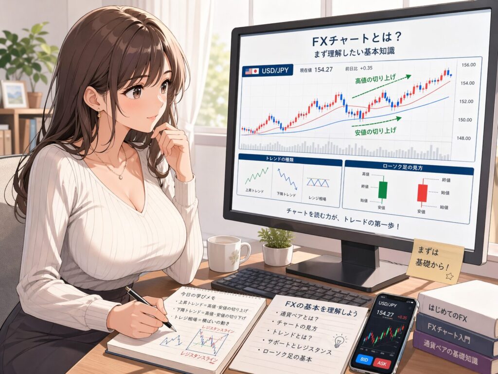FXチャートの基本：USD/JPYチャート、トレンドの種類、ローソク足の見方を解説するイラスト