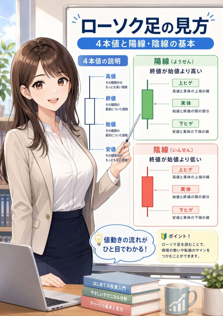 ローソク足の見方を解説｜4本値（高値・終値・始値・安値）と陽線・陰線の実体とヒゲの構造