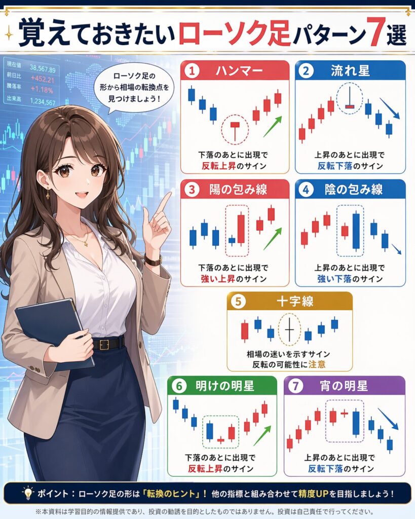覚えておきたいローソク足パターン7選｜ハンマー・流れ星・包み線・十字線・明けの明星・宵の明星