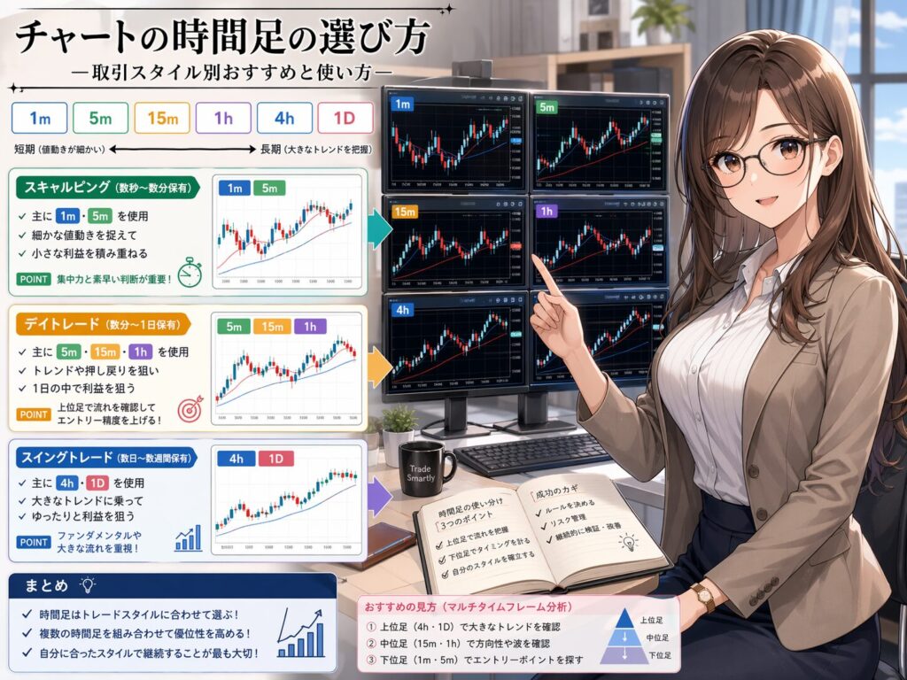 チャートの時間足の選び方｜スキャルピング・デイトレード・スイングトレード別の推奨時間足とマルチタイムフレーム分析