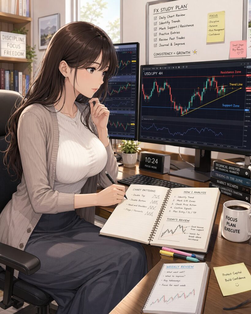 FXチャート分析のスタディプラン｜日々のチャート観察、トレンド特定、過去検証、トレードノートによる継続学習