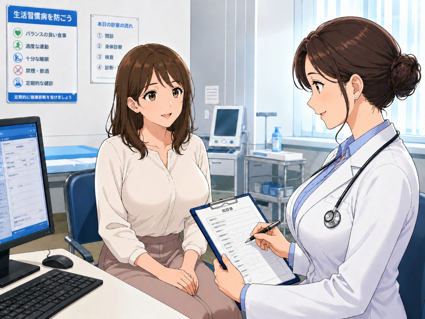 5月病セルフケアで届かない時に心療内科で医師に相談する患者女性