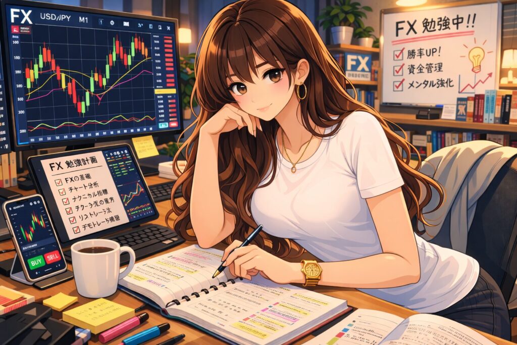 【2026年最新】FX初心者が失敗しないための完全ガイド|始め方・やり方をゼロから解説 17 FX学習中の女性とデスク