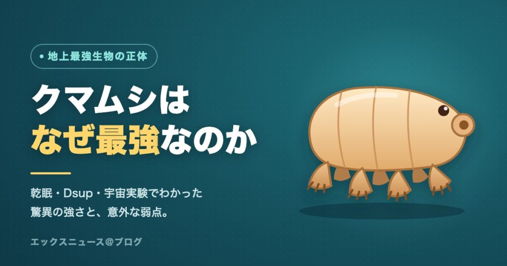 最強生物クマムシのイラスト。8本の短い脚と樽型の体を持つ緩歩動物で、乾眠により極限環境を生き延びる