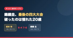 錦織圭が最後の四大大会となった全米オープン予選で坂本怜に6-4、7-6で敗れたことを伝える図