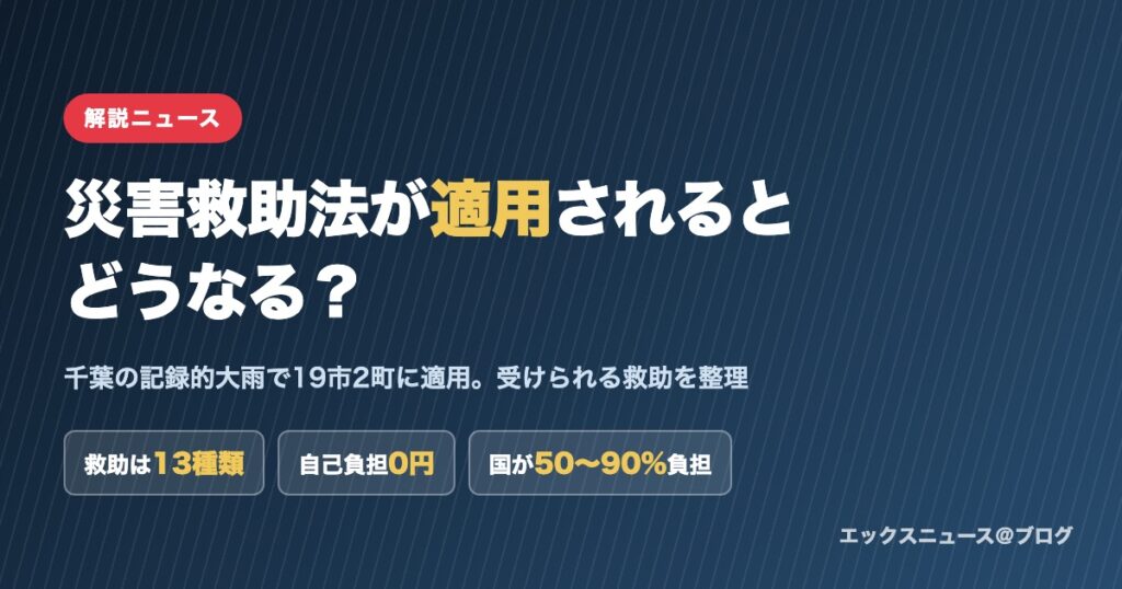 災害救助法が適用されるとどうなるかを解説するアイキャッチ画像。千葉の記録的大雨で19市2町に適用、救助は13種類、自己負担0円、国が50〜90%負担