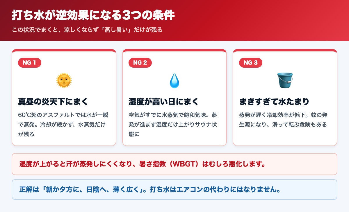 打ち水が逆効果になる3条件の図解。真昼の炎天下・高湿度の日・まきすぎて水たまりを作ること