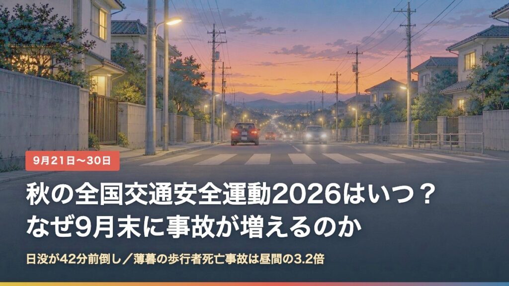 日没直後の住宅街の道路と横断歩道。秋の全国交通安全運動2026の解説記事のアイキャッチ
