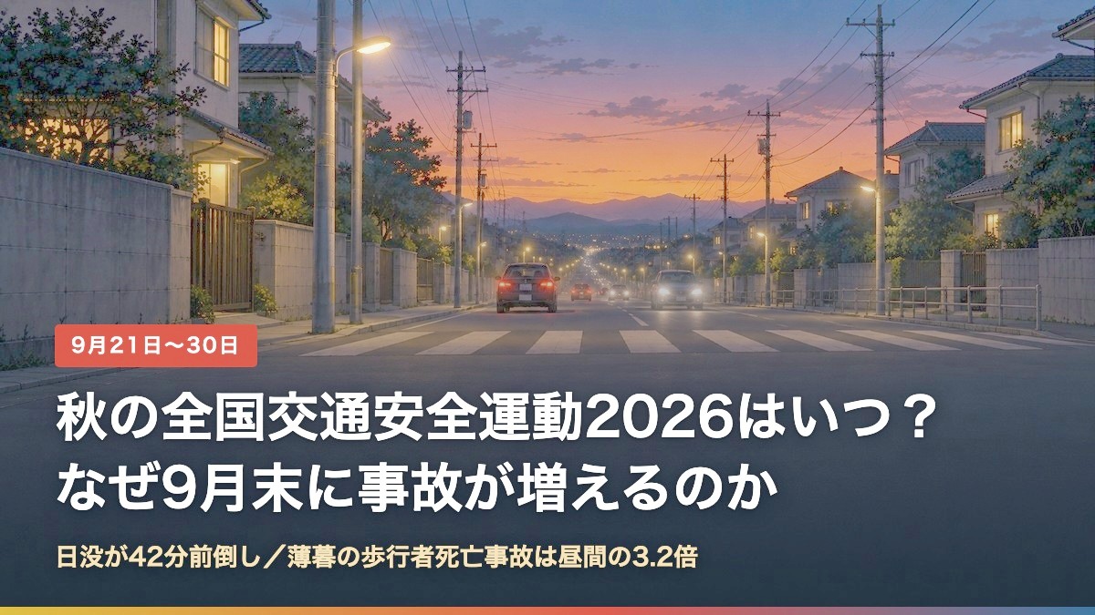 日没直後の住宅街の道路と横断歩道。秋の全国交通安全運動2026の解説記事のアイキャッチ