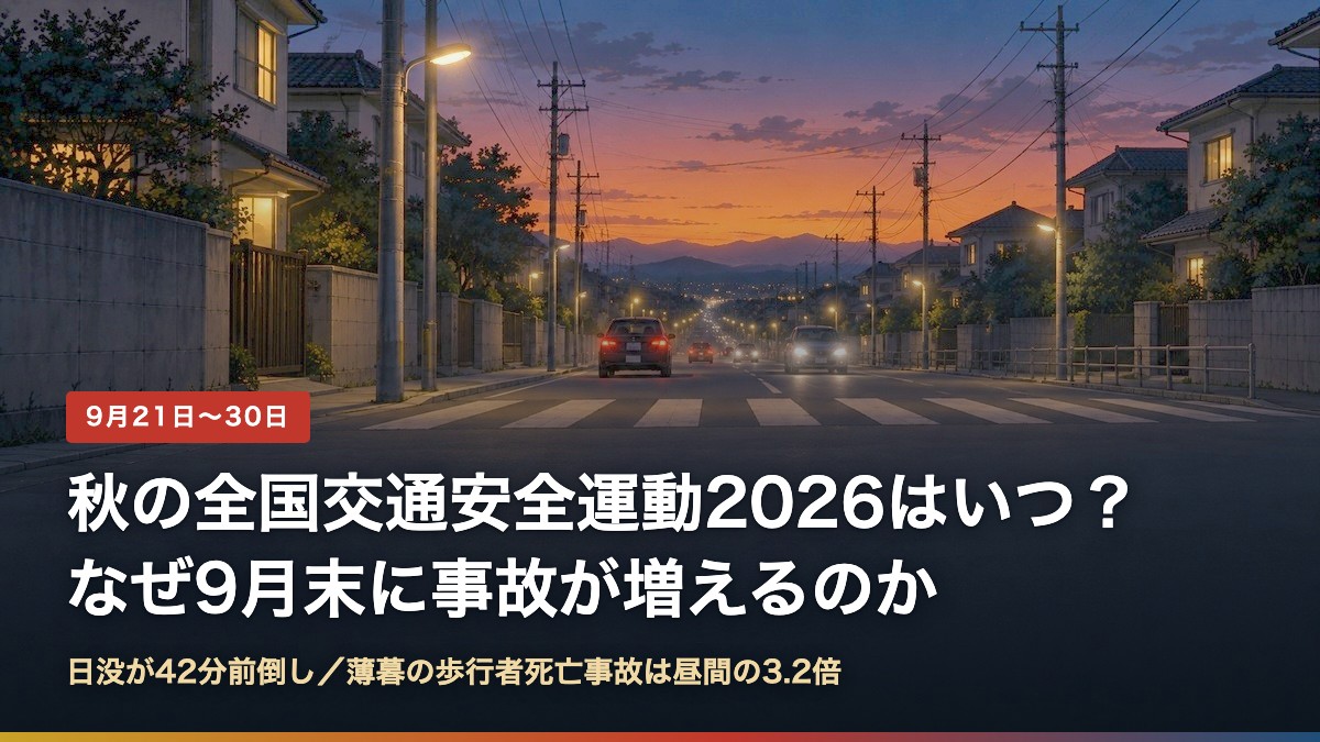 日没直後の住宅街の道路と横断歩道。秋の全国交通安全運動2026の解説記事のアイキャッチ