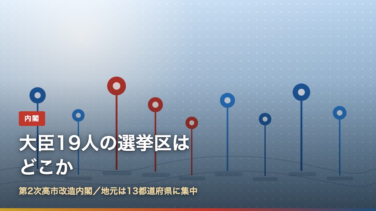 第2次高市改造内閣の大臣19人の選挙区を示すイメージ。地元は13都道府県に集中