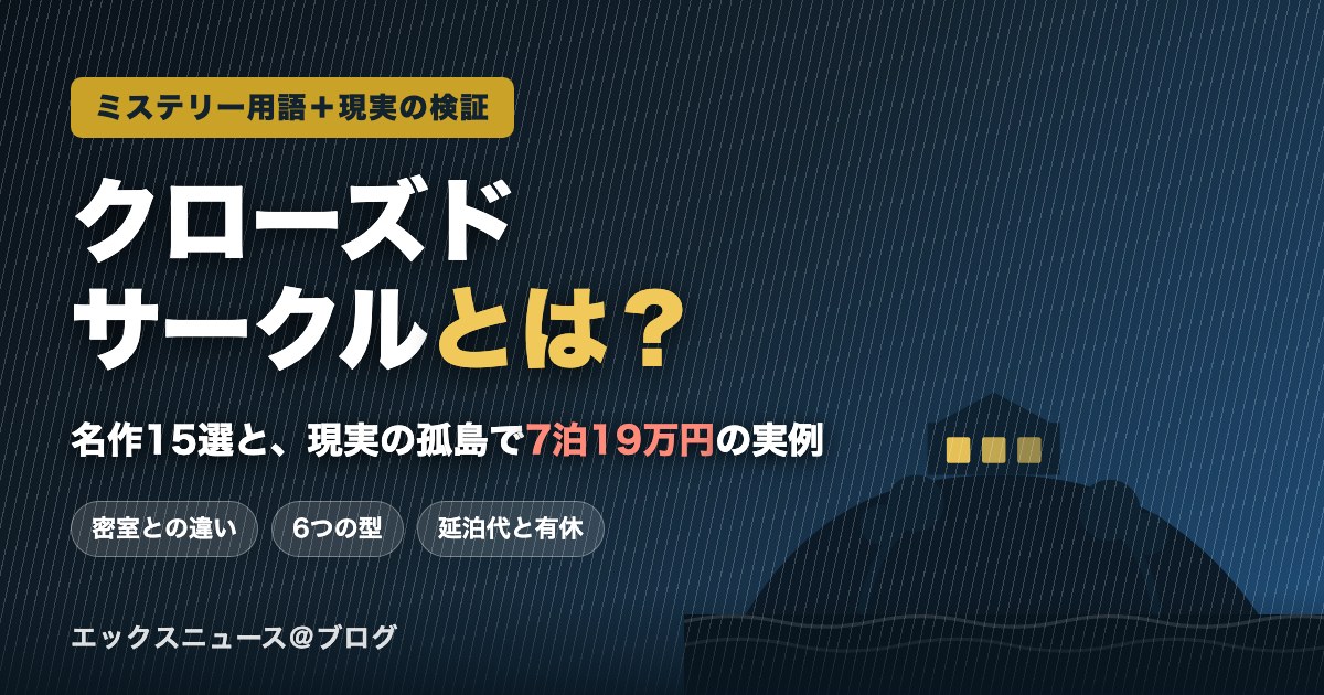 嵐の孤島に建つ旅館のシルエット。記事タイトル「クローズドサークルとは？名作15選と現実の孤島で7泊19万円の実例」