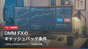 DMM FXのキャッシュバック条件。1万円をもらうのに2万円のスプレッド、9段階を計算