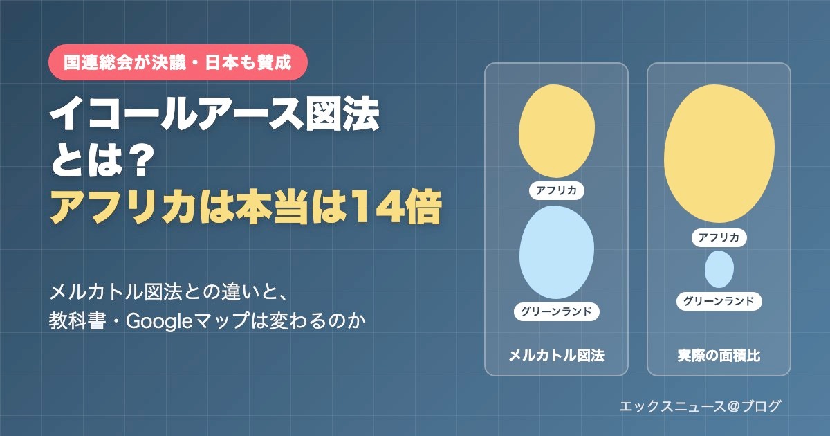 イコールアース図法とは?メルカトル図法と実際の面積比でアフリカとグリーンランドを比較した図