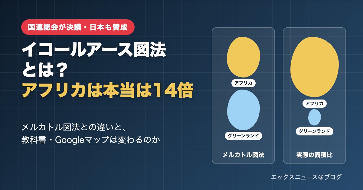 イコールアース図法とは?メルカトル図法と実際の面積比でアフリカとグリーンランドを比較した図