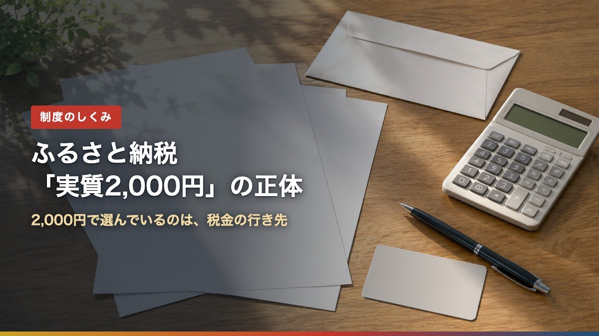 ふるさと納税の実質2,000円の正体を解説する記事のアイキャッチ。書類と電卓