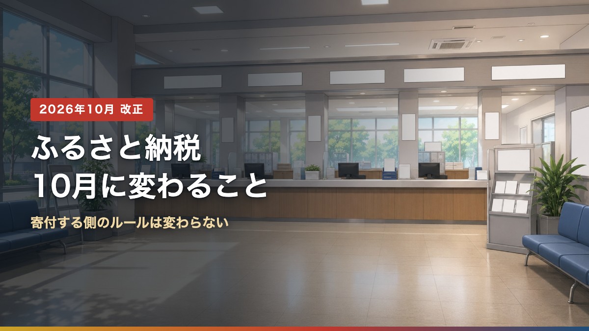 ふるさと納税が2026年10月に変わることを示すアイキャッチ画像。市役所の窓口