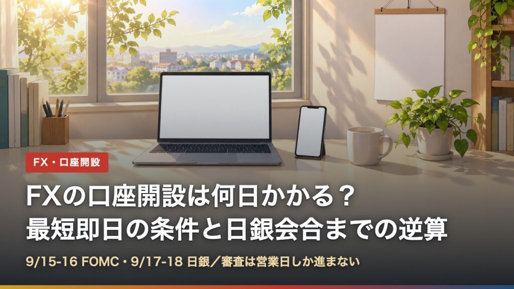 朝の日差しが入るデスクとノートパソコン・スマートフォン。FX口座開設の日数を解説する記事のアイキャッチ