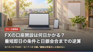 朝の日差しが入るデスクとノートパソコン・スマートフォン。FX口座開設の日数を解説する記事のアイキャッチ
