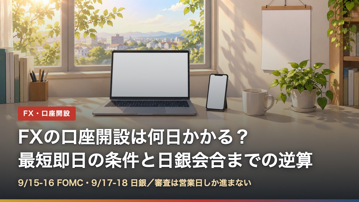 朝の日差しが入るデスクとノートパソコン・スマートフォン。FX口座開設の日数を解説する記事のアイキャッチ