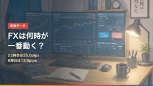 FXの時間帯別値幅を示すアイキャッチ。22時台は35.0pips、6時台は13.9pips