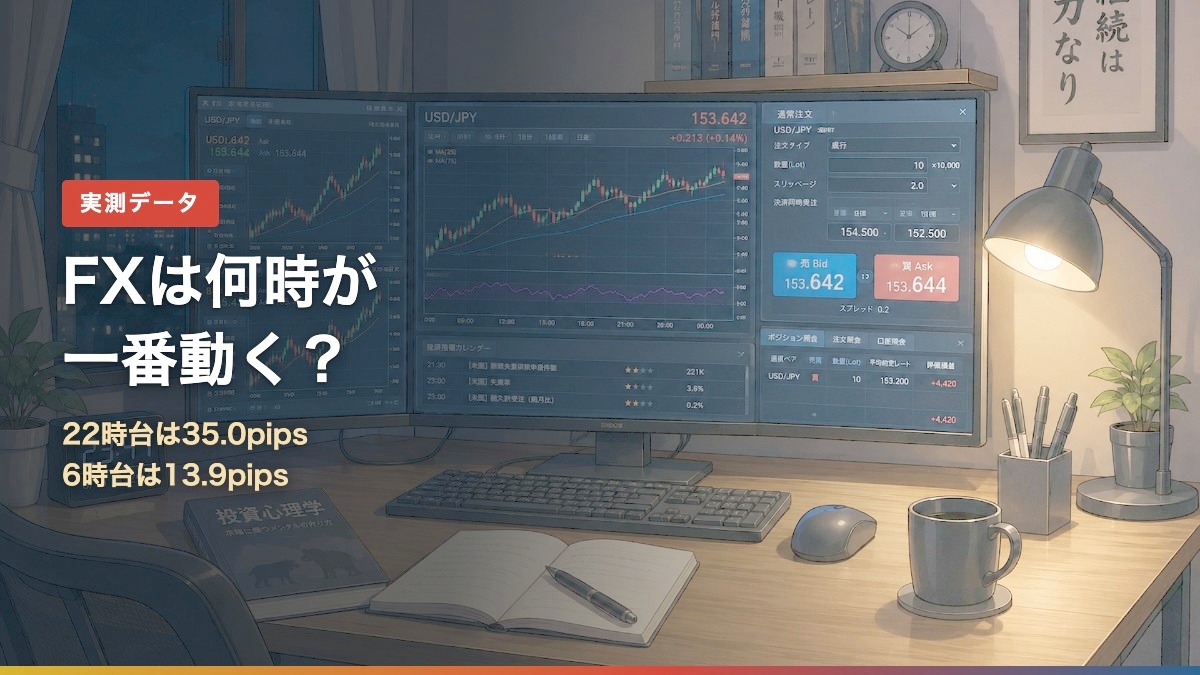 FXの時間帯別値幅を示すアイキャッチ。22時台は35.0pips、6時台は13.9pips