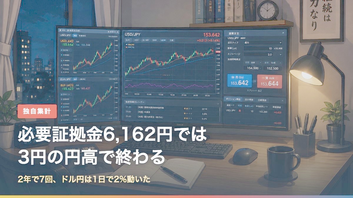 必要証拠金6162円では3円の円高でロスカットになることを示すアイキャッチ画像