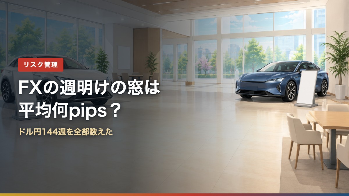 FXの週明けの窓を解説するアイキャッチ。ドル円144週を集計