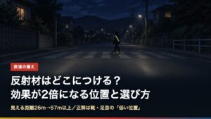 夜の横断歩道を渡る歩行者のたすきと靴の反射材が光る様子。反射材の位置と選び方の解説記事のアイキャッチ