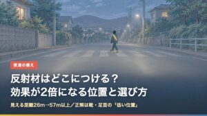 夜の横断歩道を渡る歩行者のたすきと靴の反射材が光る様子。反射材の位置と選び方の解説記事のアイキャッチ