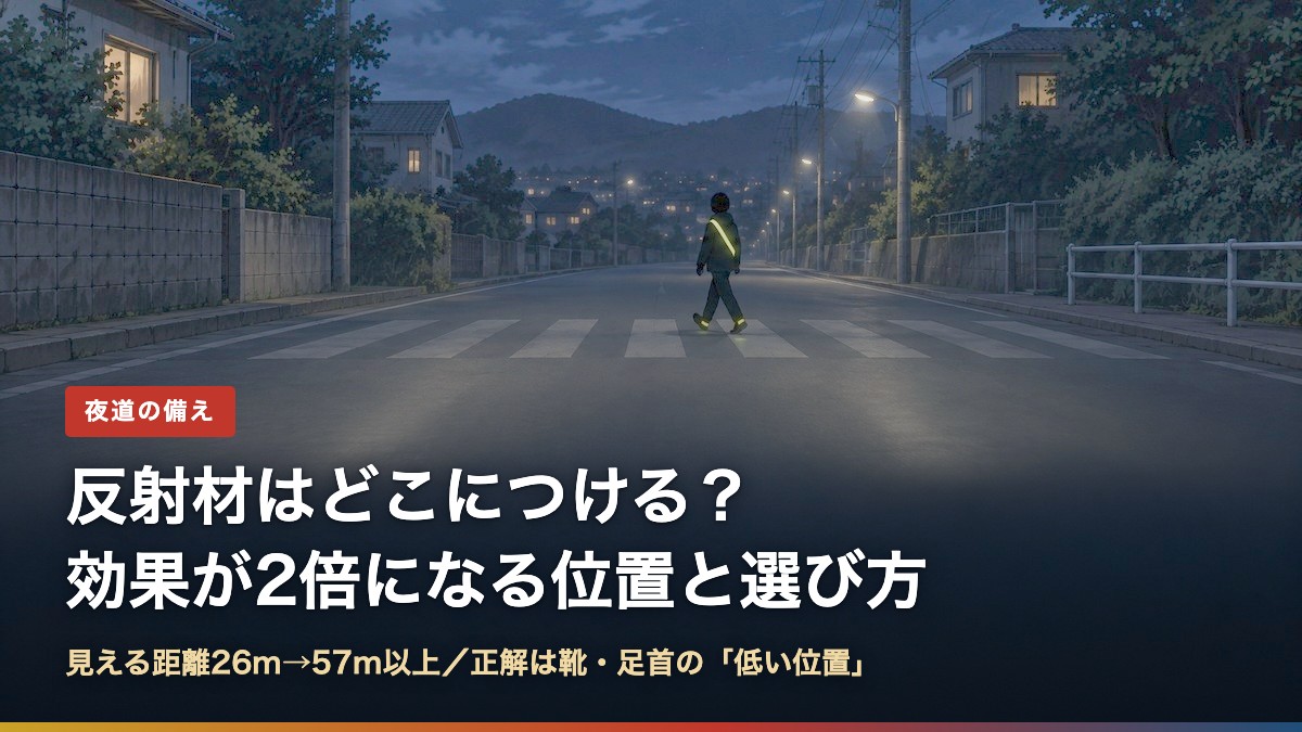 夜の横断歩道を渡る歩行者のたすきと靴の反射材が光る様子。反射材の位置と選び方の解説記事のアイキャッチ