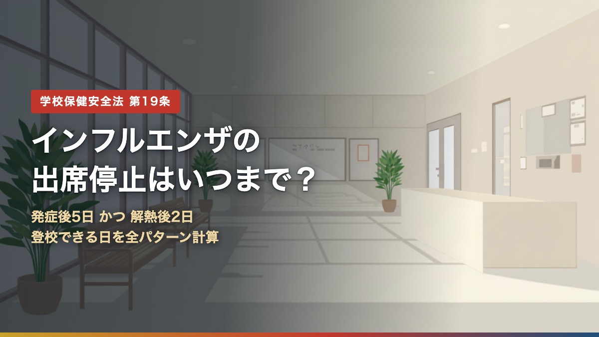 インフルエンザの出席停止はいつまで?発症後5日かつ解熱後2日という学校保健安全法の基準を示したアイキャッチ