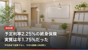 予定利率2.25%の終身保険の実質利回りは年1.75%だったことを示すアイキャッチ画像