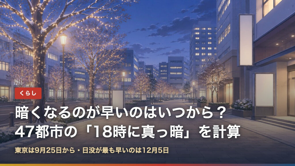 暗くなるのが早いのはいつから？47都市の18時に真っ暗になる日を計算（東京は9月25日から・日没が最も早いのは12月5日）