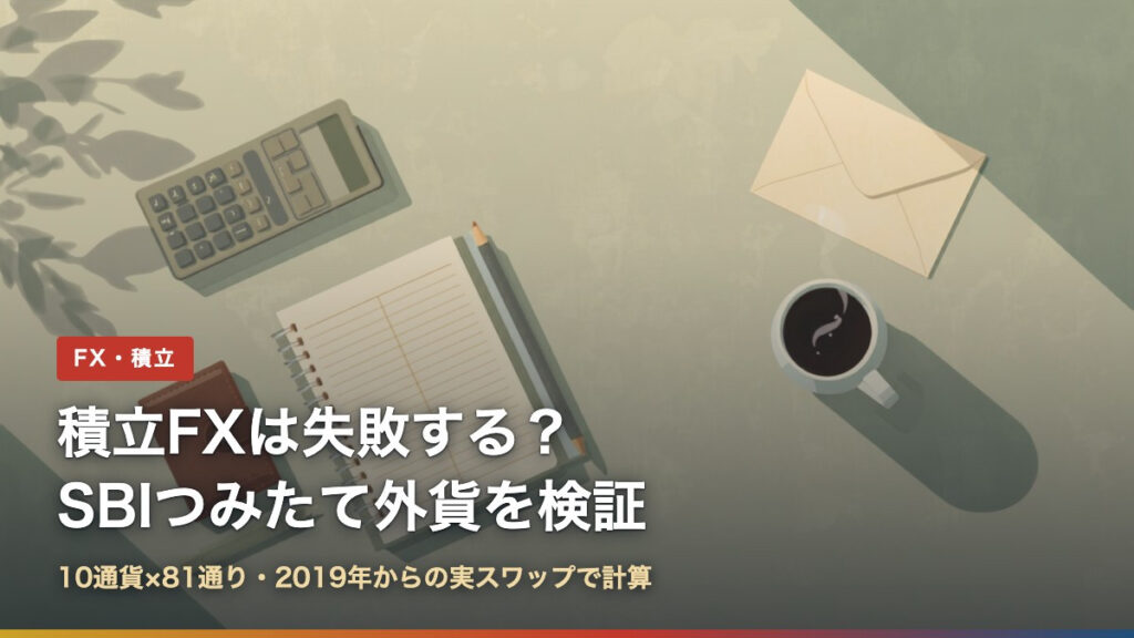 積立FXは失敗する？SBIつみたて外貨を10通貨・81通りで検証（家計簿と電卓のイラストにタイトル文字）