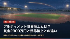 夜の陸上競技場とやり投の軌道。アルティメット世界陸上の解説記事のアイキャッチ