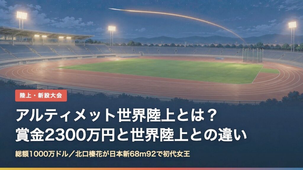 夜の陸上競技場とやり投の軌道。アルティメット世界陸上の解説記事のアイキャッチ