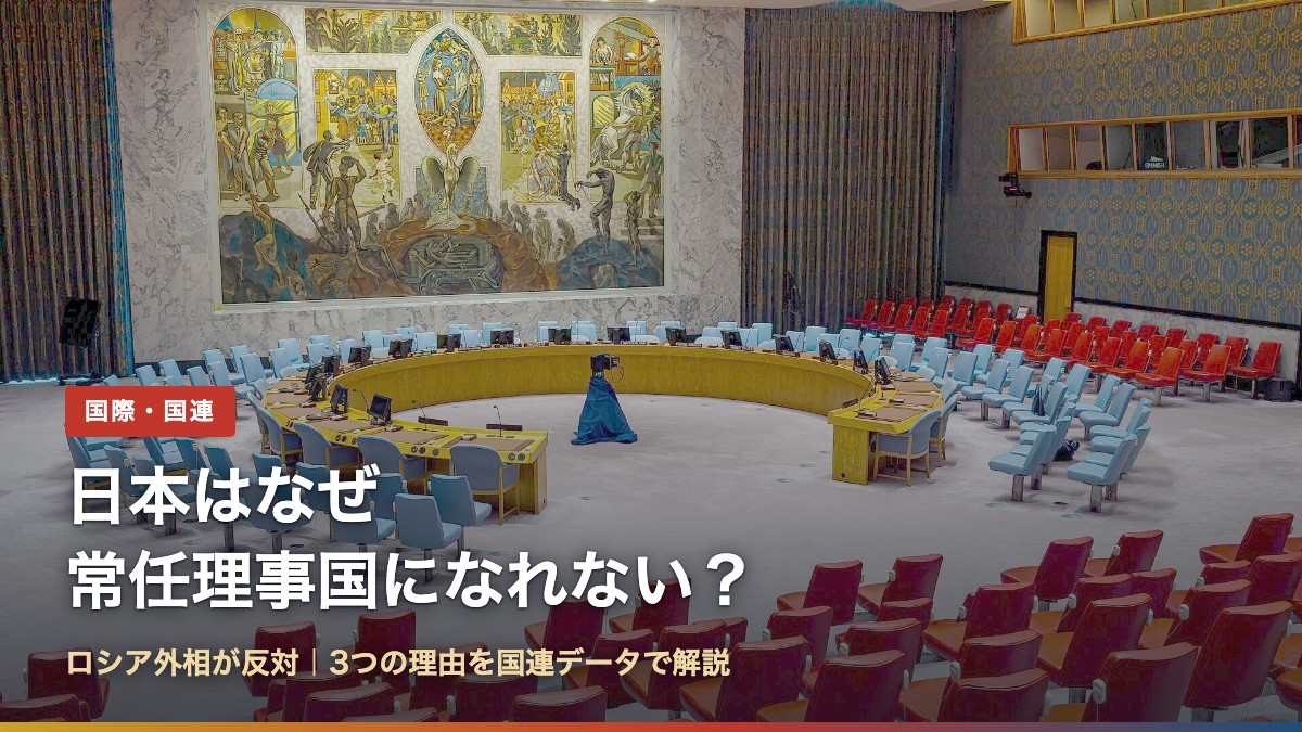 国連安全保障理事会の議場と「日本はなぜ常任理事国になれない？」の文字