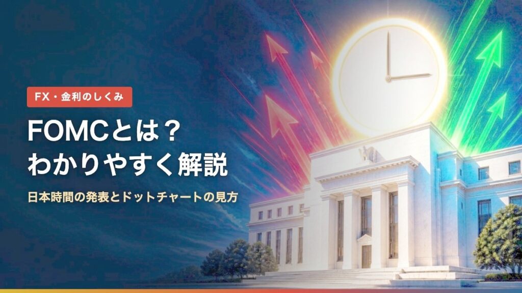 FOMCとは？わかりやすく解説｜日本時間の発表とドットチャートの見方（FRB本部と深夜3時の時計のイラスト）