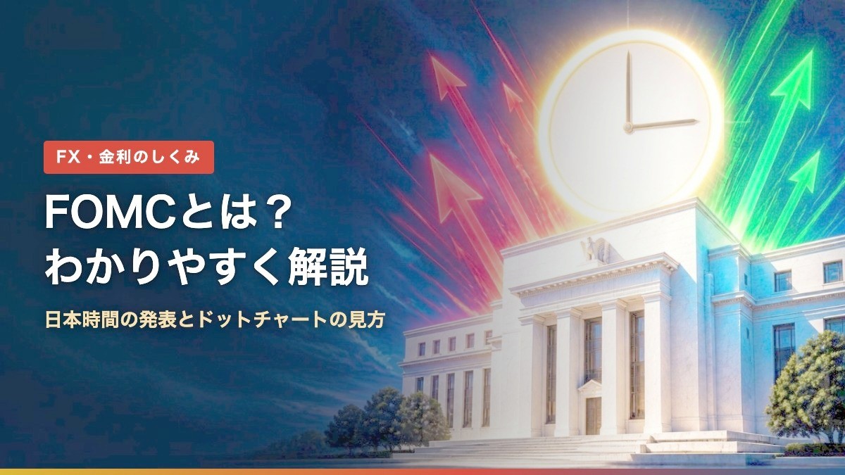 FOMCとは?わかりやすく解説|日本時間の発表とドットチャートの見方(FRB本部と深夜3時の時計のイラスト)