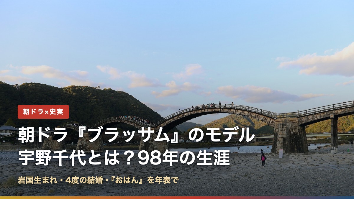 錦帯橋の写真と「朝ドラ『ブラッサム』のモデル 宇野千代とは？98年の生涯」の文字