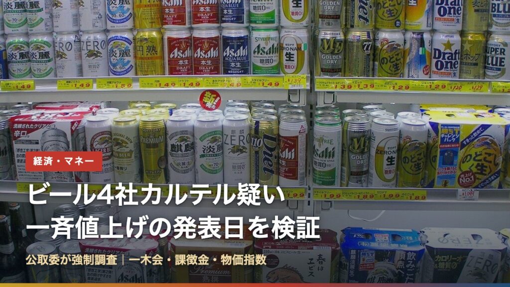 ディスカウントストアに並ぶ各社の缶ビールと「ビール4社カルテル疑い 一斉値上げの発表日を検証」の文字