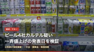 ディスカウントストアに並ぶ各社の缶ビールと「ビール4社カルテル疑い 一斉値上げの発表日を検証」の文字