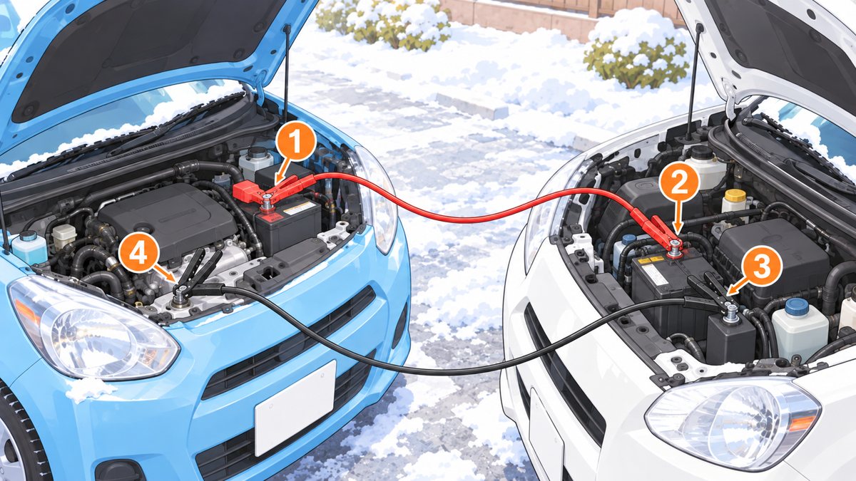 2台の車がボンネットを開けて向かい合い、赤と黒のブースターケーブルでつながれた図。故障車のプラス端子に1、救援車のプラス端子に2、救援車のマイナス端子に3、故障車のエンジンの金属部分に4のオレンジの丸数字