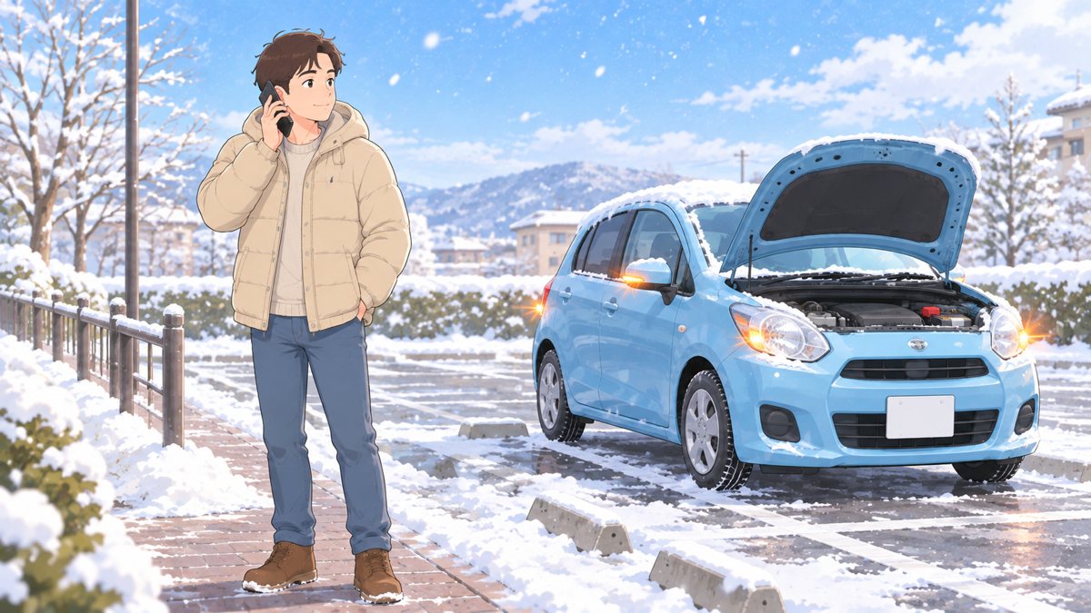 雪の積もった駐車場で、ハザードランプを点滅させた車の横に立ち、スマートフォンで電話をかけて救援を待つ人