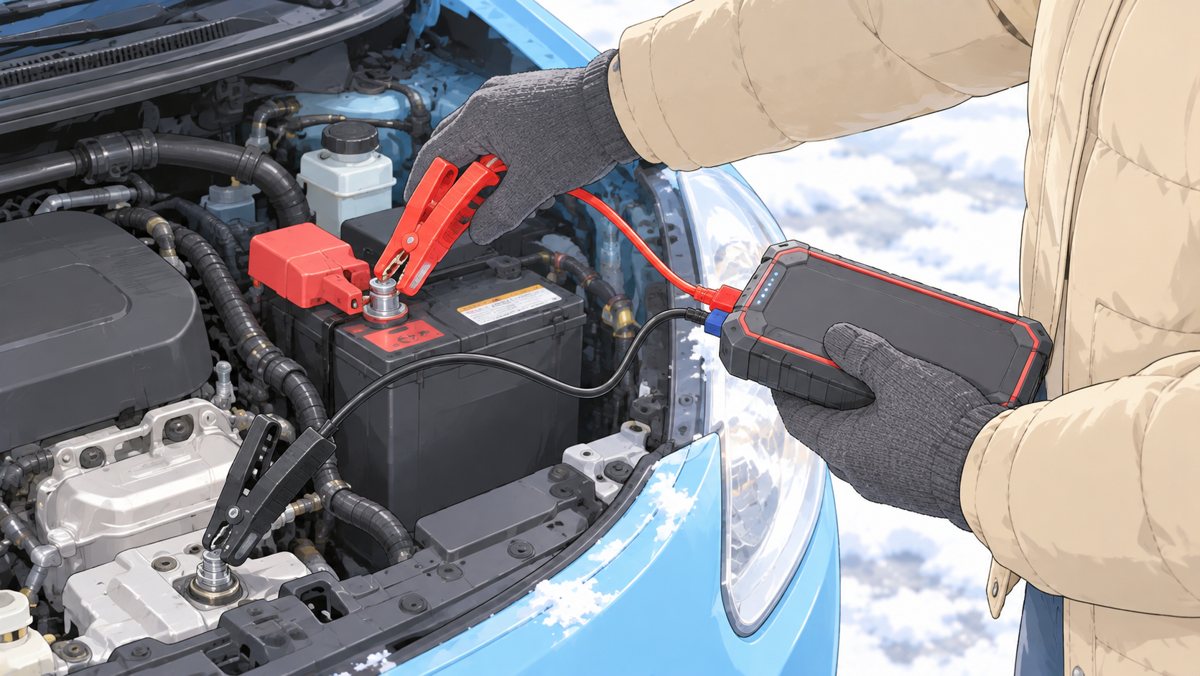 ボンネットを開けた車のバッテリーに、手のひらサイズの携帯型ジャンプスターターの赤と黒のクリップをつないでいる手元