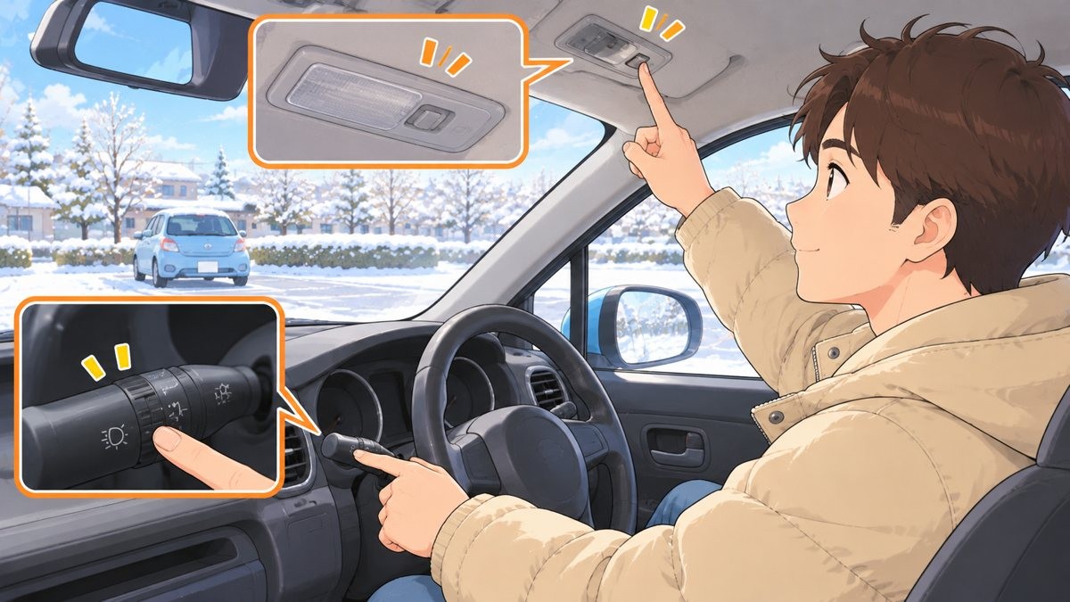 冬の朝、霜の付いたフロントガラスの車内で、ヘッドライトのスイッチと室内灯のスイッチを指で確かめている手元