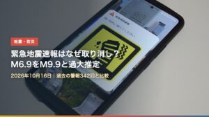 スマートフォンに表示された緊急地震速報（緊急地震速報はなぜ取り消し？M6.9をM9.9と過大推定）