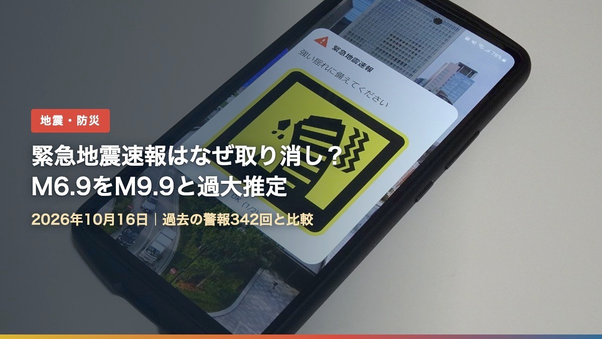 スマートフォンに表示された緊急地震速報(緊急地震速報はなぜ取り消し?M6.9をM9.9と過大推定)