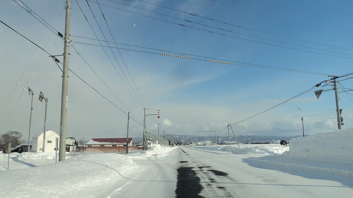 雪に覆われた北海道の郊外の道路と、路肩の位置を示す矢印の標識